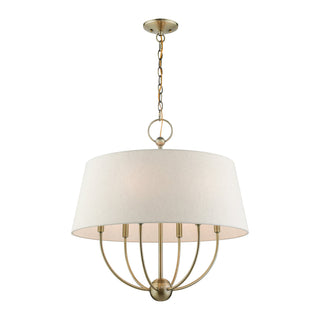 Chandelier, 6-Light Steel with Linen Blend Drum Shade in Antique Brass
