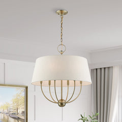 Chandelier, 6-Light Steel with Linen Blend Drum Shade in Antique Brass