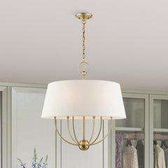 Chandelier, 6-Light Steel with Linen Blend Drum Shade in Antique Brass