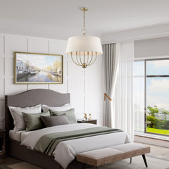 Chandelier, 6-Light Steel with Linen Blend Drum Shade in Antique Brass