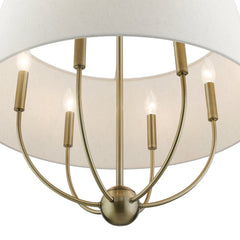 Chandelier, 6-Light Steel with Linen Blend Drum Shade in Antique Brass