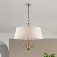 Chandelier, 6-Light Steel with Linen Blend Drum Shade in Antique Brass