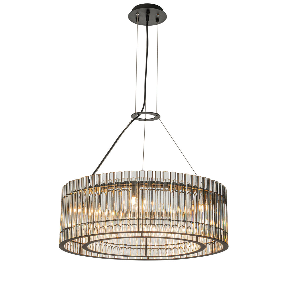 Chandelier, 6-Light Two-Tier Glass Rod Drum Shade in Matte Black