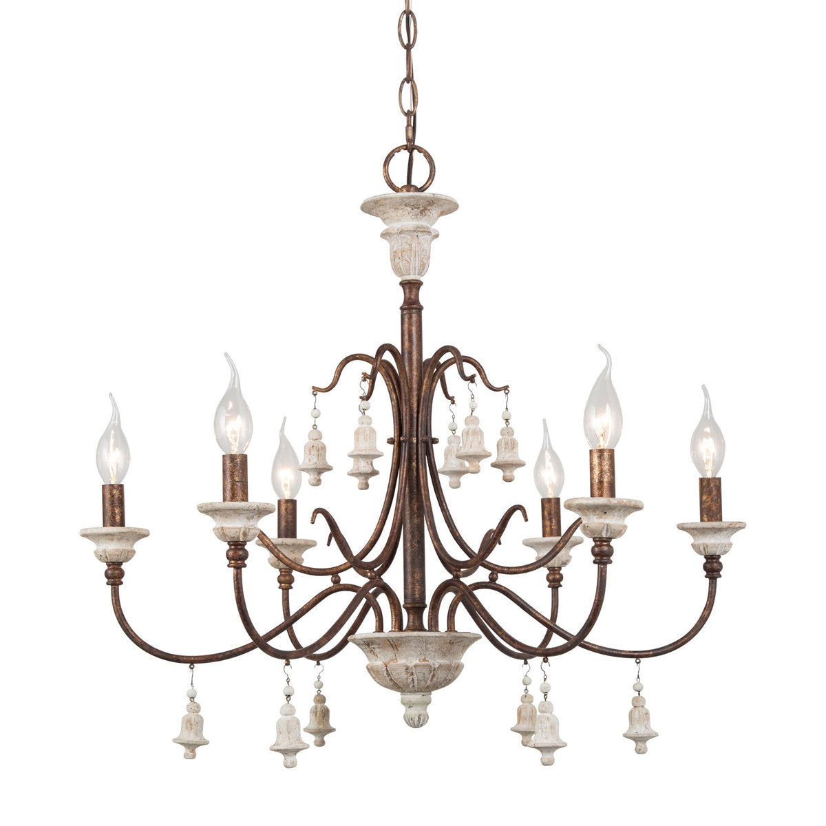 Chandelier, 6-Light, Wood and Metal with Adjustable Chain