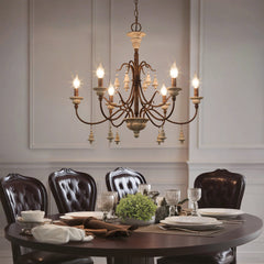 Chandelier, 6-Light, Wood and Metal with Adjustable Chain