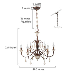 Chandelier, 6-Light, Wood and Metal with Adjustable Chain