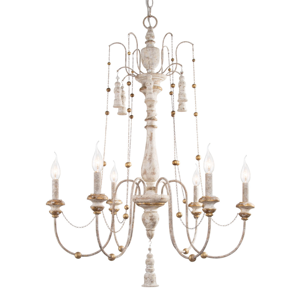 Chandelier, 6-Light, Wood and Metal with Beaded Details