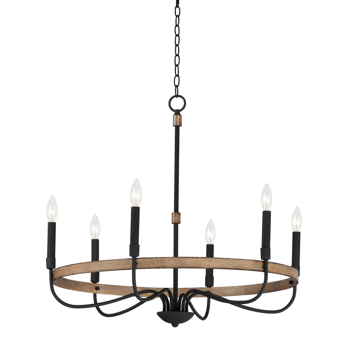 Chandelier, 6-Light, Wood Finish with Black Metal Arms