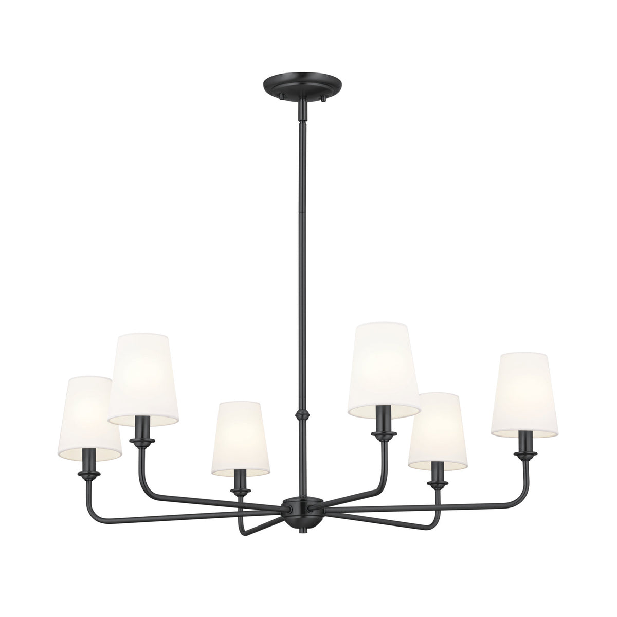 Chandelier, 6 Lights, Black Steel with White Linen Shades