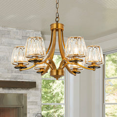 Chandelier, 6 Lights, Brass Metal Frame with Clear Crystal Shades