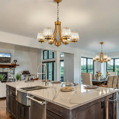Chandelier, 6 Lights, Brass Metal Frame with Clear Crystal Shades