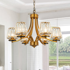 Chandelier, 6 Lights, Brass Metal Frame with Clear Crystal Shades
