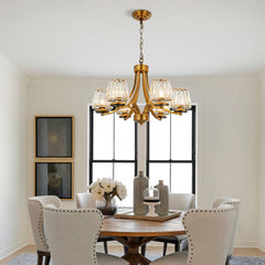 Chandelier, 6 Lights, Brass Metal Frame with Clear Crystal Shades