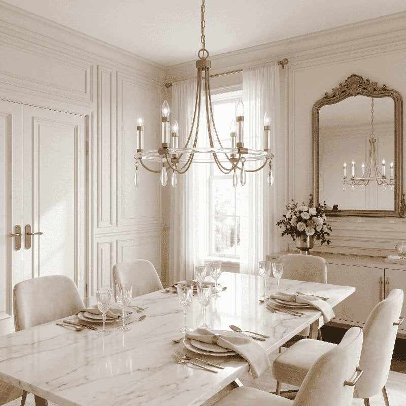 Chandelier, 6 Lights, Brass Metal with Crystal Drops