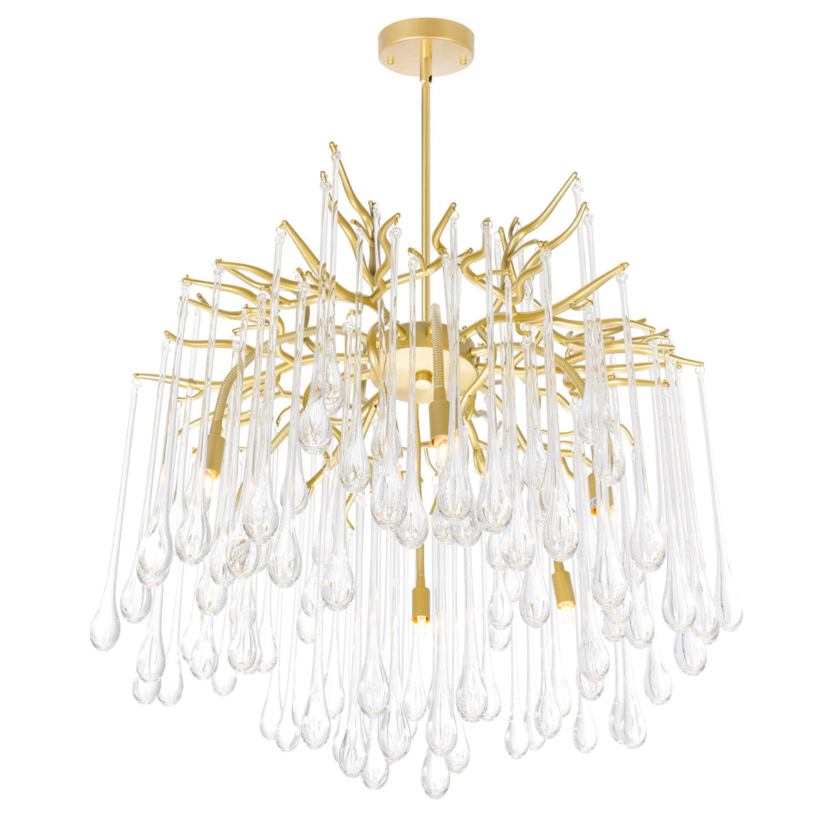 Chandelier, 6 Lights, Gold Leaf Metal with Clear Crystal Drops