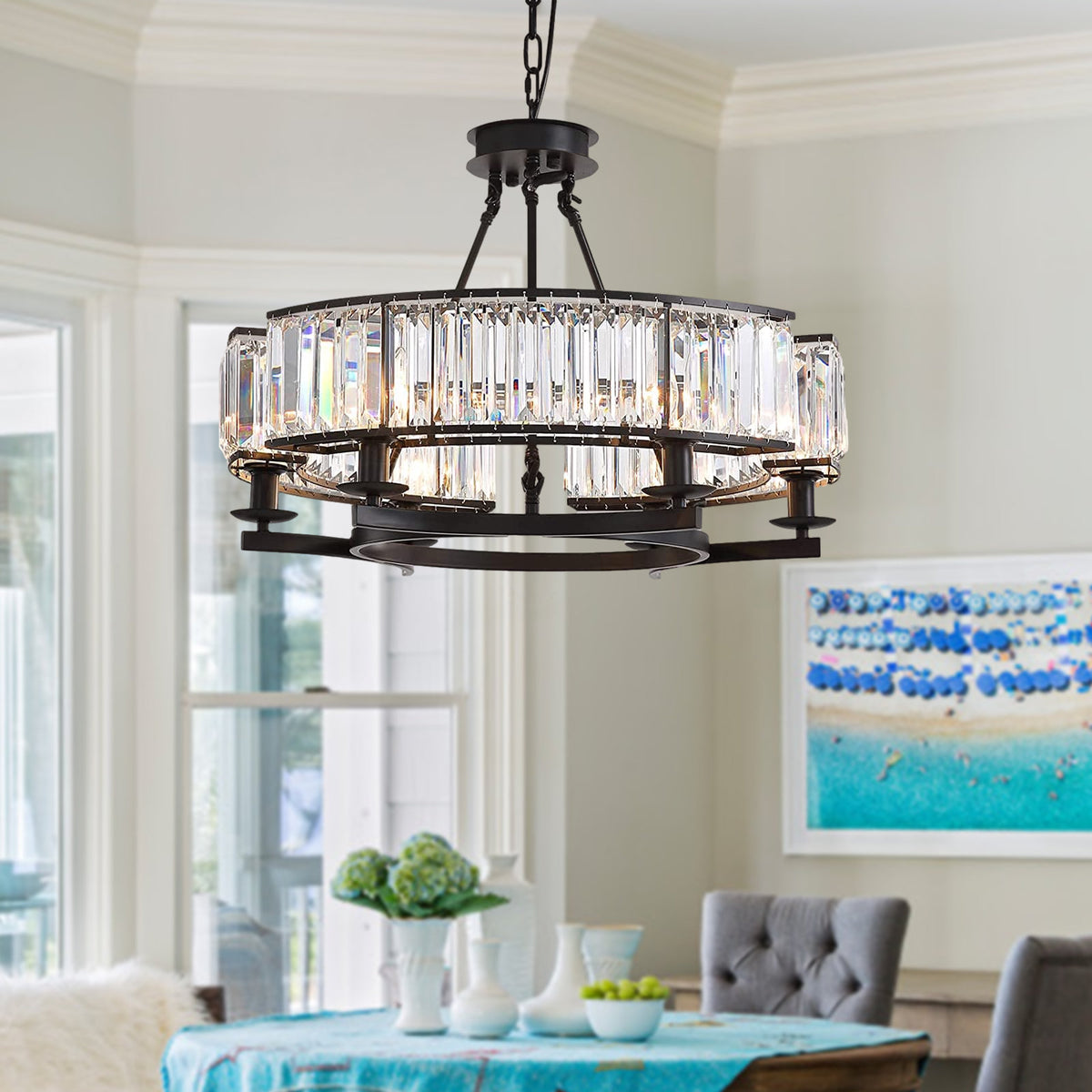 Chandelier, 6 Lights, Iron Frame with Crystal Shade