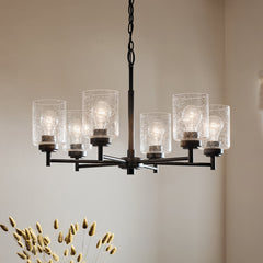 Chandelier, 6 Lights, Satin Black Steel with Seeded Glass