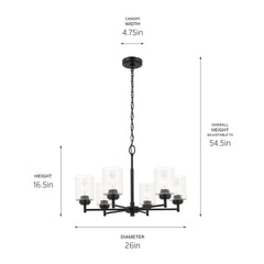 Chandelier, 6 Lights, Satin Black Steel with Seeded Glass