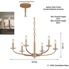 Chandelier, 6 Lights, Steel with Crystal Accents, 32 Inch Wide