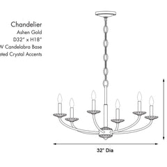 Chandelier, 6 Lights, Steel with Crystal Accents, 32 Inch Wide