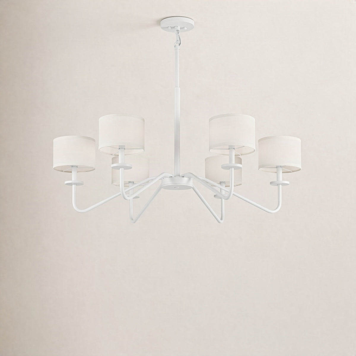 Chandelier, 6 Lights, Steel with White Fabric Drum Shades in Bisque White