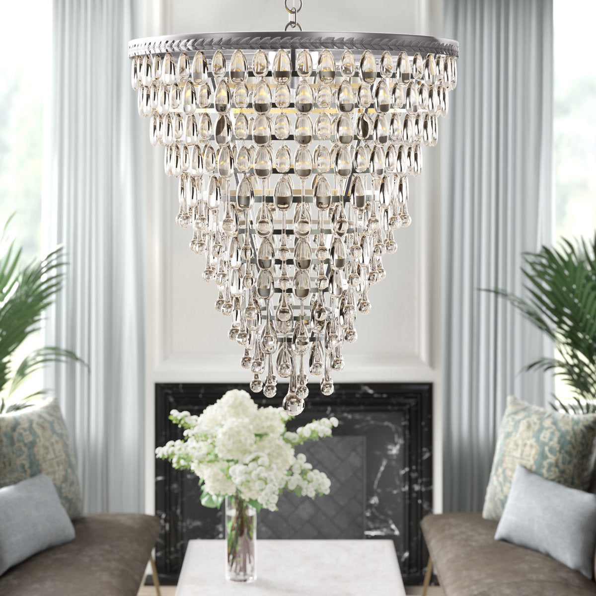 Chandelier, 7-Light, Antique Silver Steel with Clear Crystal Accents