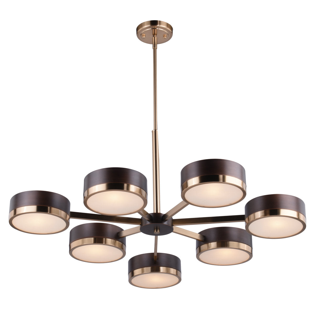 Chandelier, 7-Light, Frosted Glass Shades in Architectural Bronze and Natural Brass