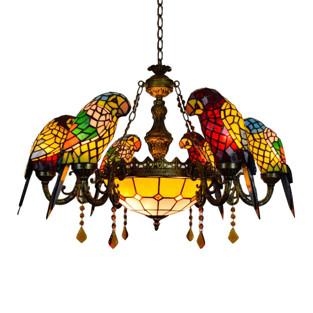 Chandelier, 8-Light, Bronze Metal with Multicolor Stained Glass Shade