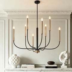 Chandelier, 8-Light Candelabra Style, Black and Copper Metal Frame