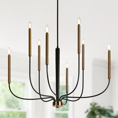 Chandelier, 8-Light Candelabra Style, Black and Copper Metal Frame