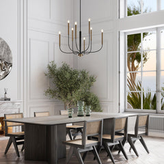 Chandelier, 8-Light Candelabra Style, Black and Copper Metal Frame