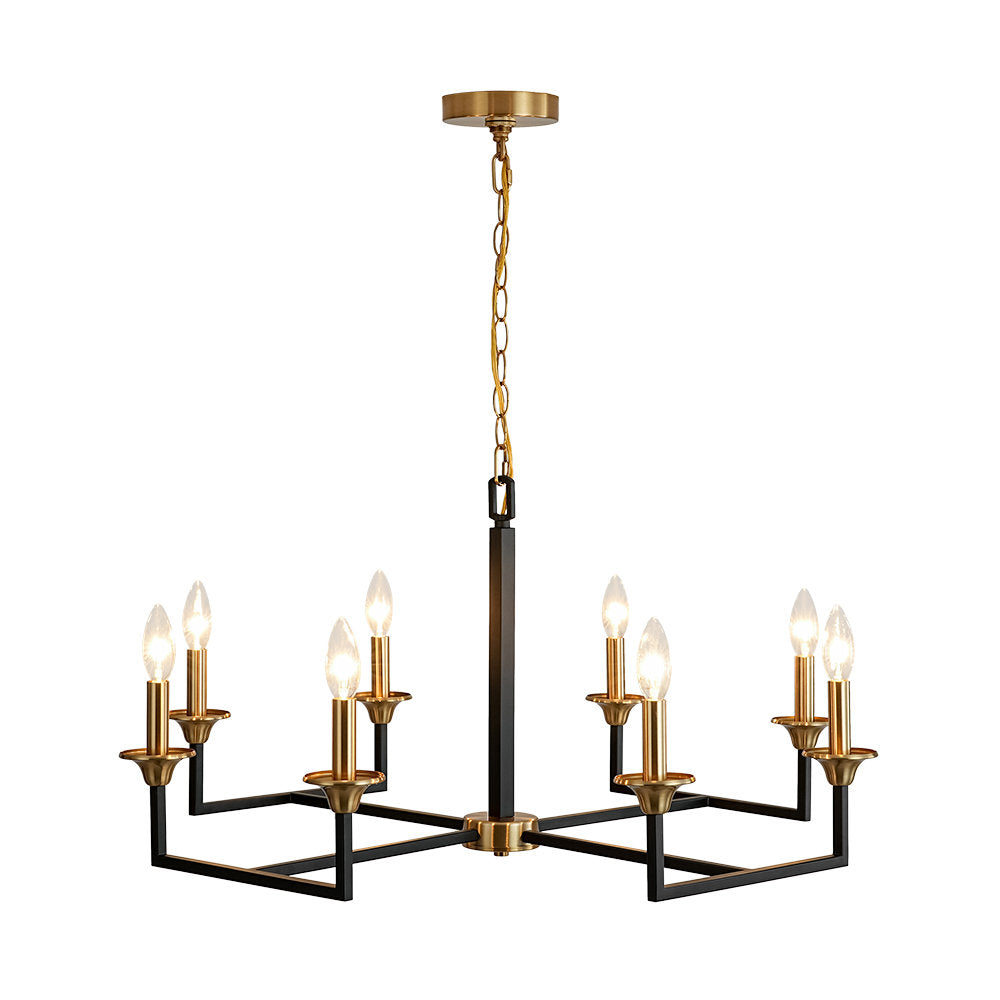 Chandelier, 8-Light Candle Style in Matte Black Metal with Gold Sockets