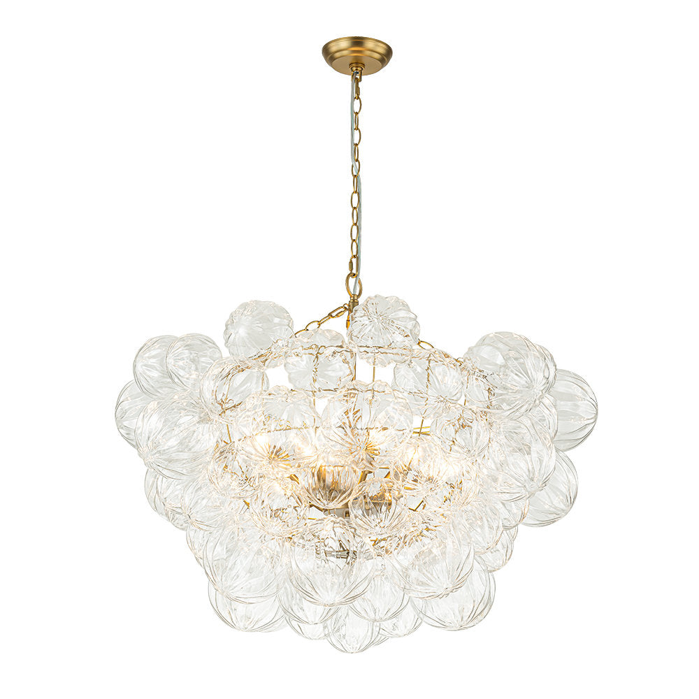 Chandelier, 8-Light, Clear Ribbed Glass Shades with Brass-Finish Metal Frame