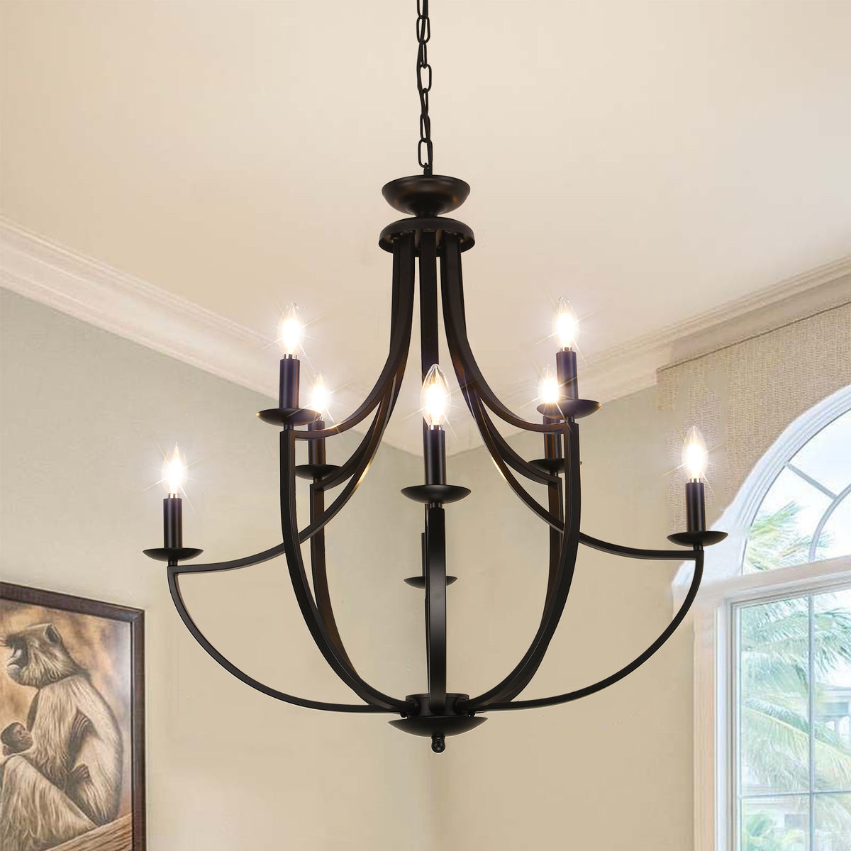 Chandelier, 8-Light Dimmable, Matte Black Metal