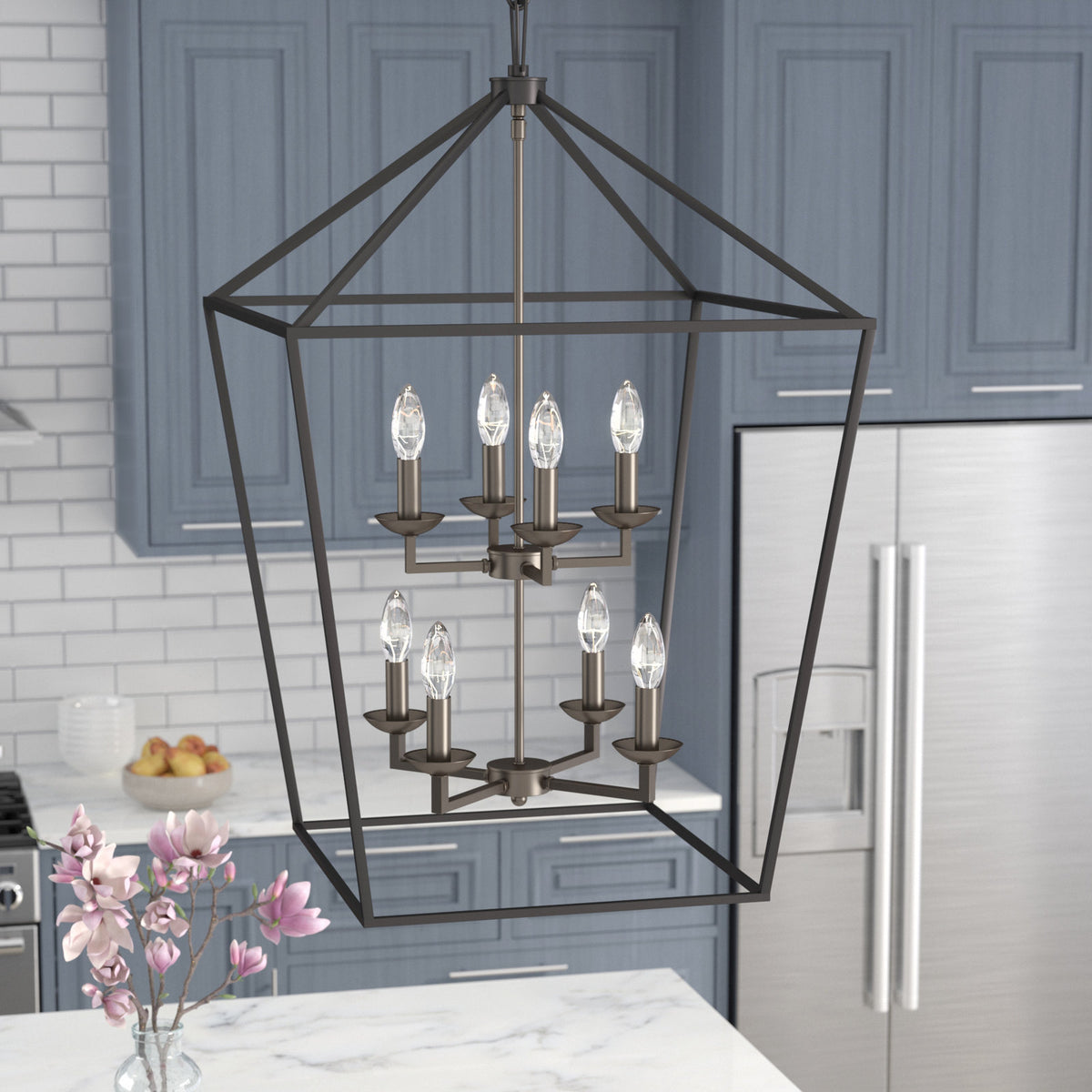 Chandelier, 8-Light Lantern Frame in Polished Chrome and Black Metal
