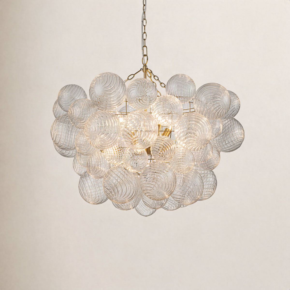 Chandelier, 8-Light Ribbed Glass, Brass Finish with Clear Shades