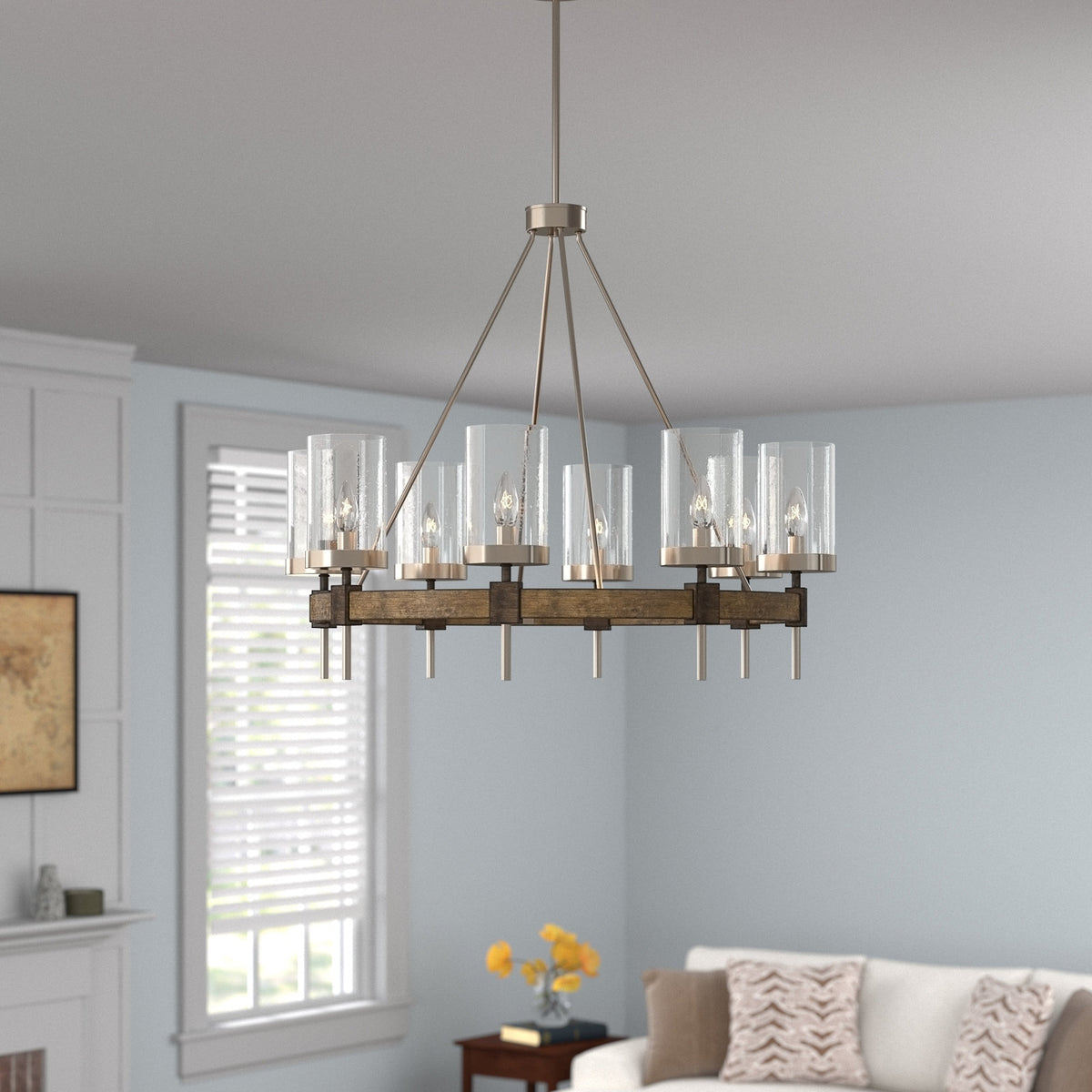Chandelier, 8-Light, Stone Gray and Brushed Nickel with Seeded Glass Shades