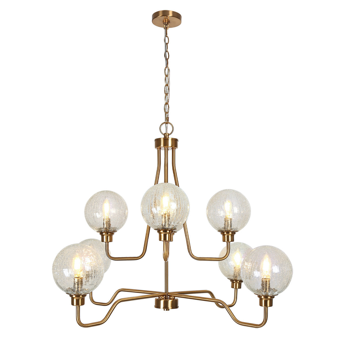 Chandelier, 8-Light Tiered with Glass Globe Shades in Copper and Brass