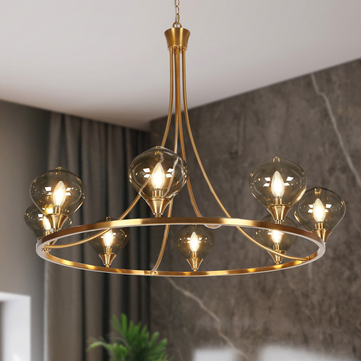 Chandelier, 8-Light Wagon Wheel, Brushed Gold with Smoky Gray Glass Shades