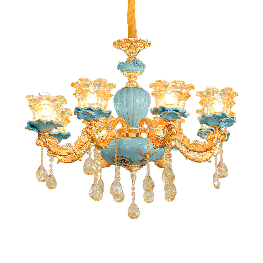 Chandelier, 8-Light with Glass Shades and Chain, Gold Finish