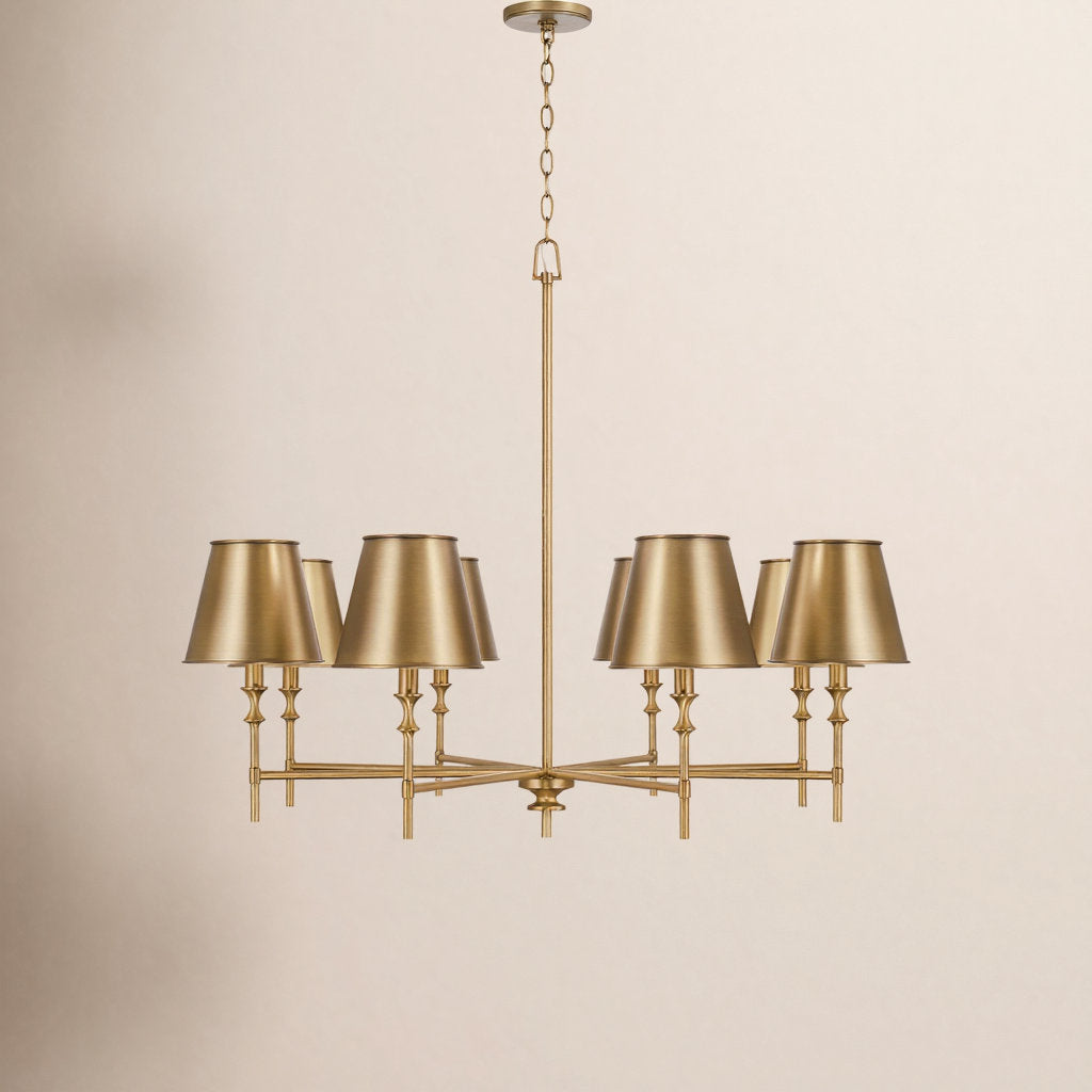 Chandelier, 8-Light with Metal Empire Shades in Antique Brass