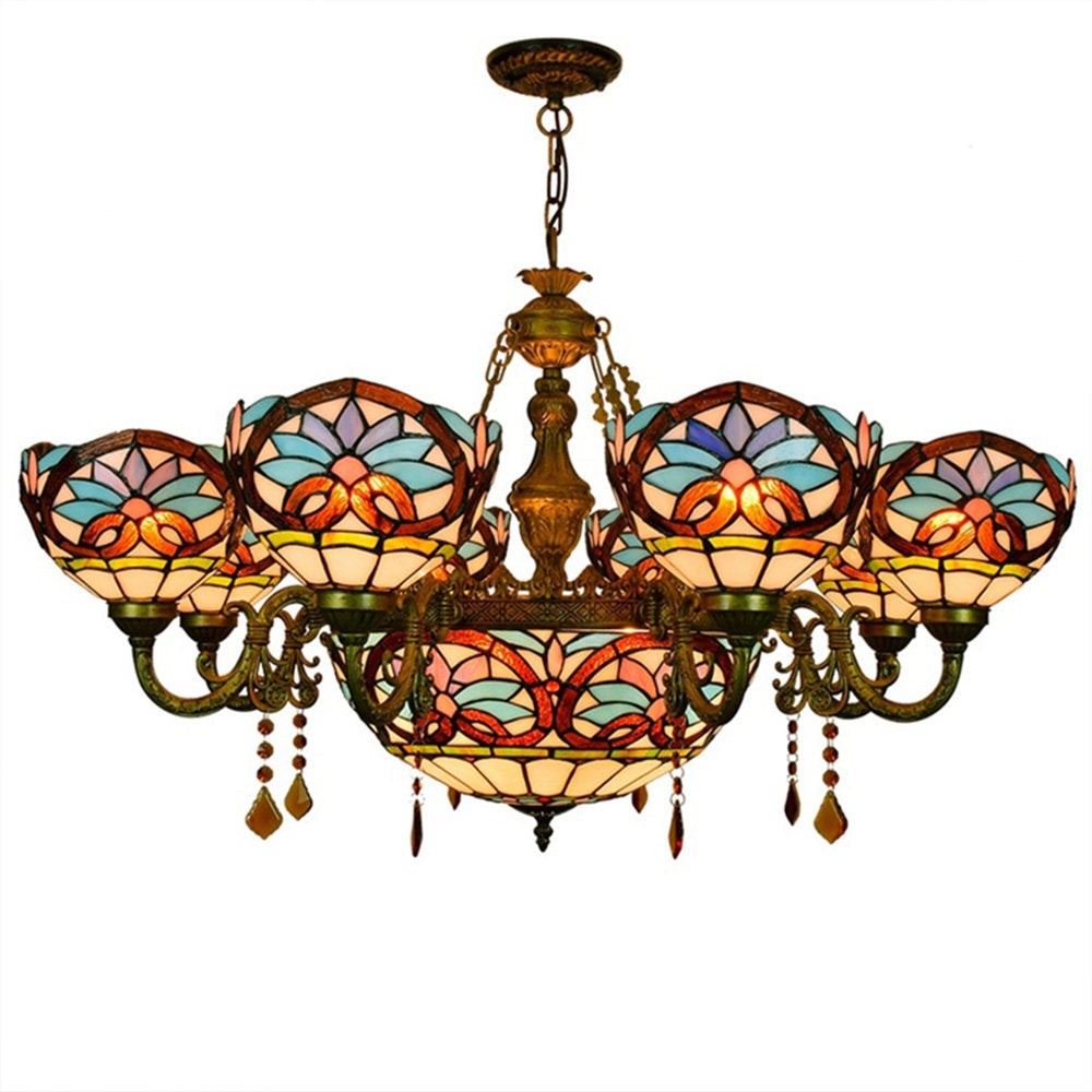 Chandelier, 8-Light with White Stained Glass Shades in Antique Bronze