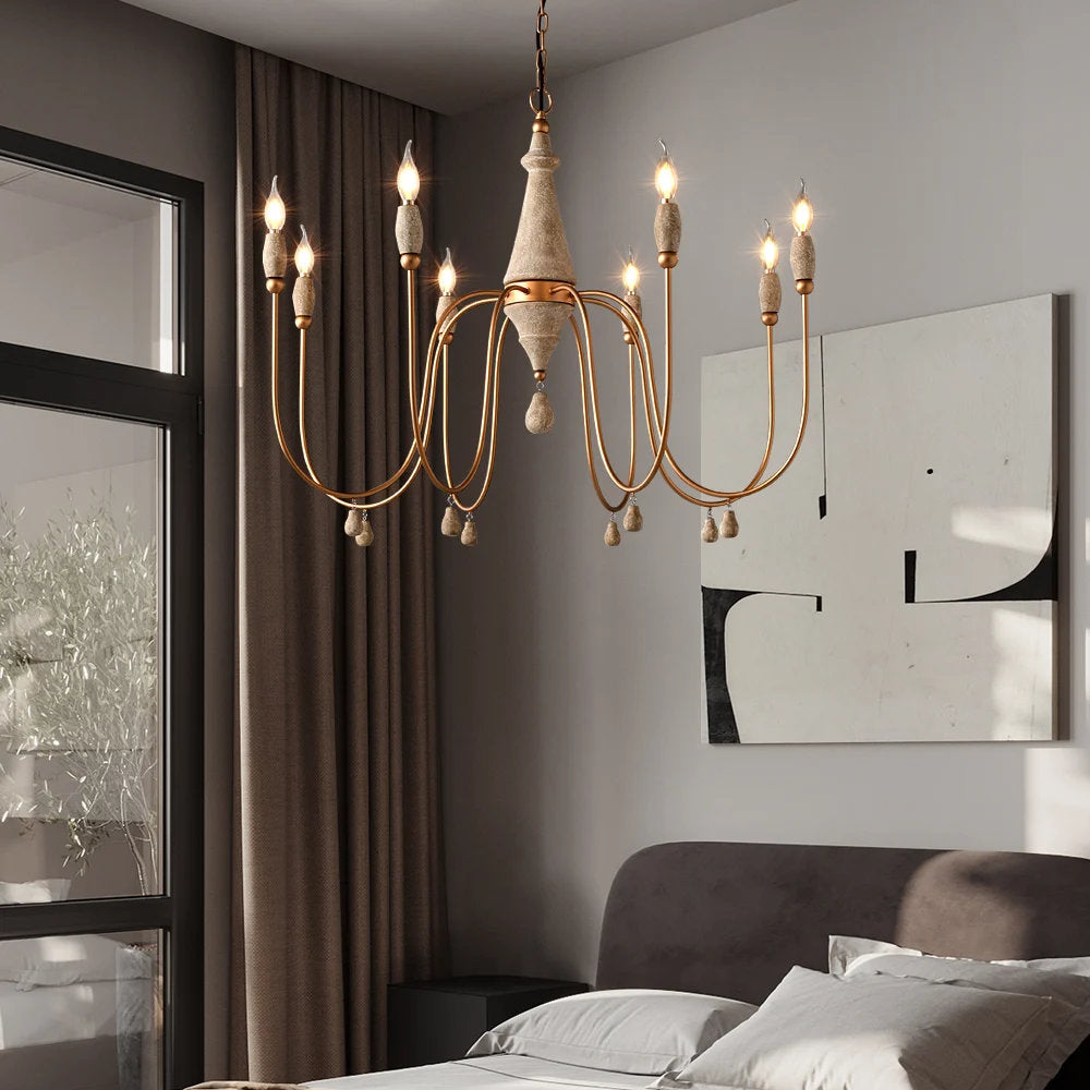 Chandelier, 8-Light, Wood and Iron with Gold Arms and Ivory Candle Covers