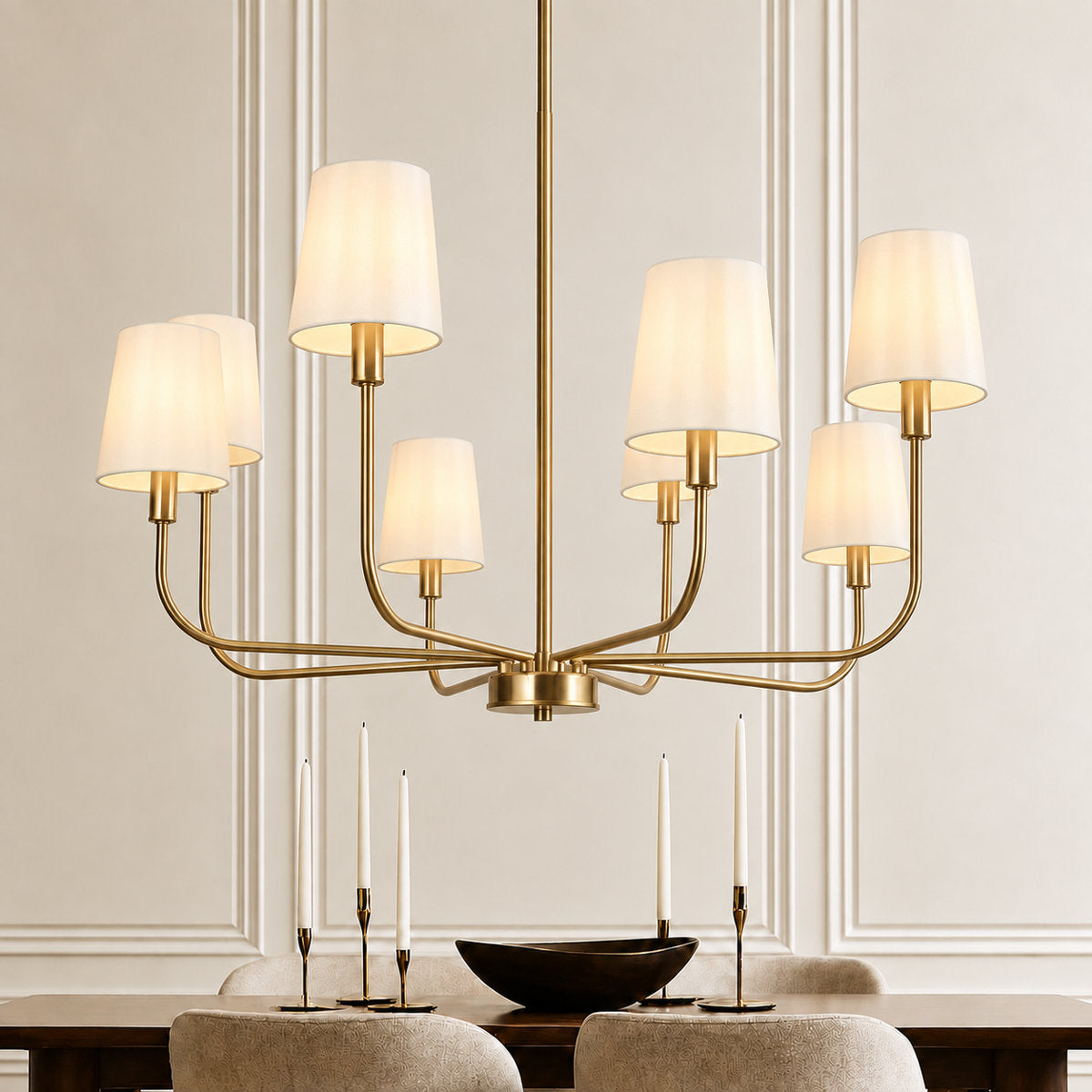 Chandelier, 8 Lights, Polished Brass with White Linen Drum Shades