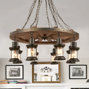 Chandelier, 8 Lights, Wood and Metal in Matte Black with Clear Glass