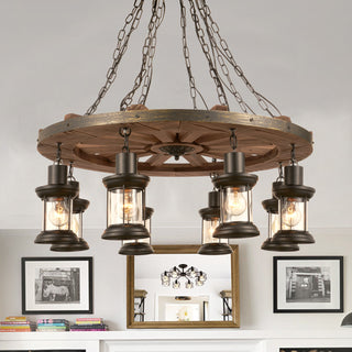 Chandelier, 8 Lights, Wood and Metal in Matte Black with Clear Glass