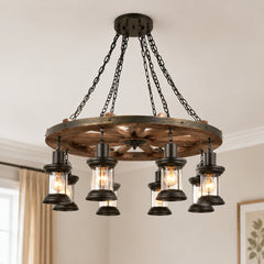 Chandelier, 8 Lights, Wood and Metal in Matte Black with Clear Glass