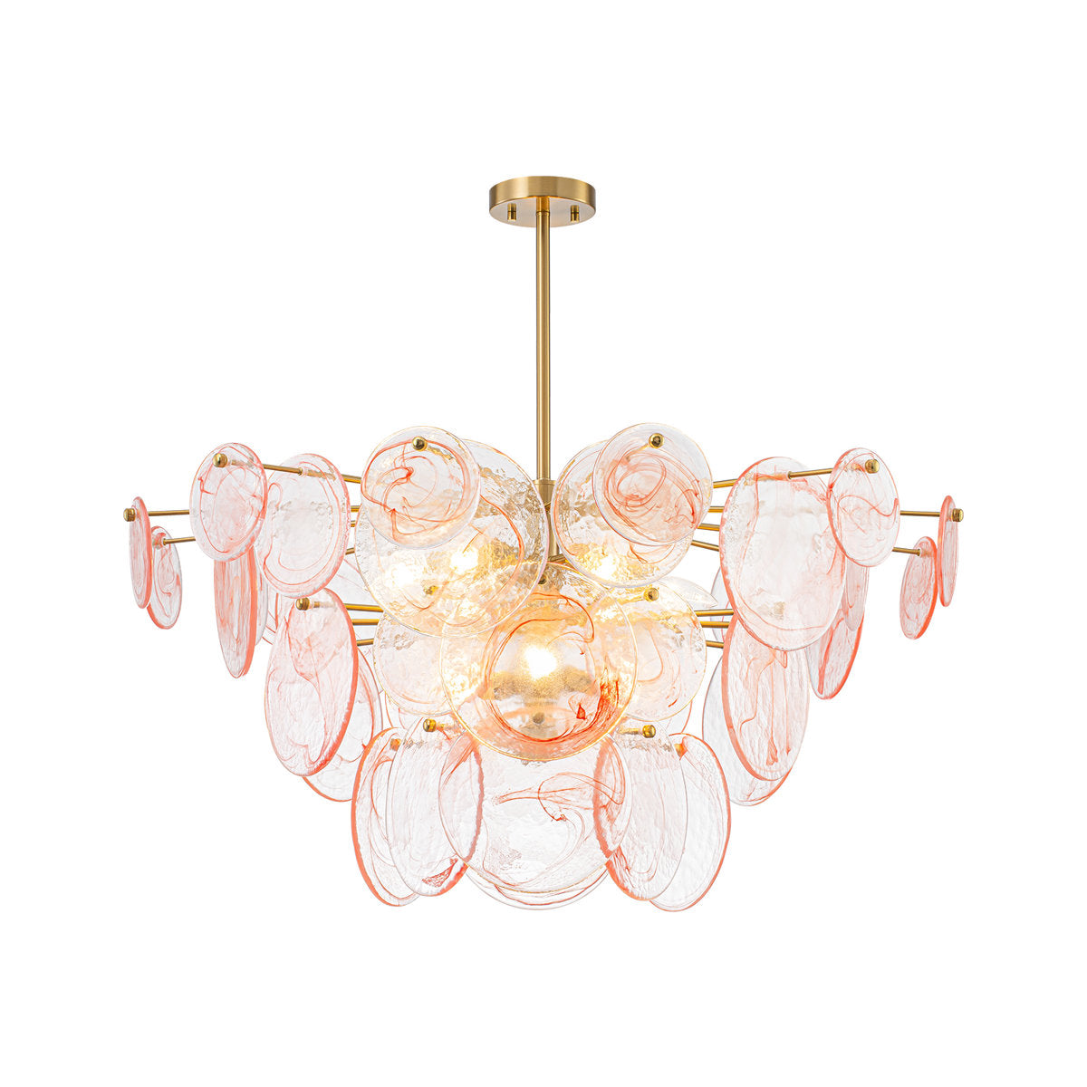 Chandelier, 9-Light 3-Tier Glass Shade in Sunset Clouds with Brass Finish