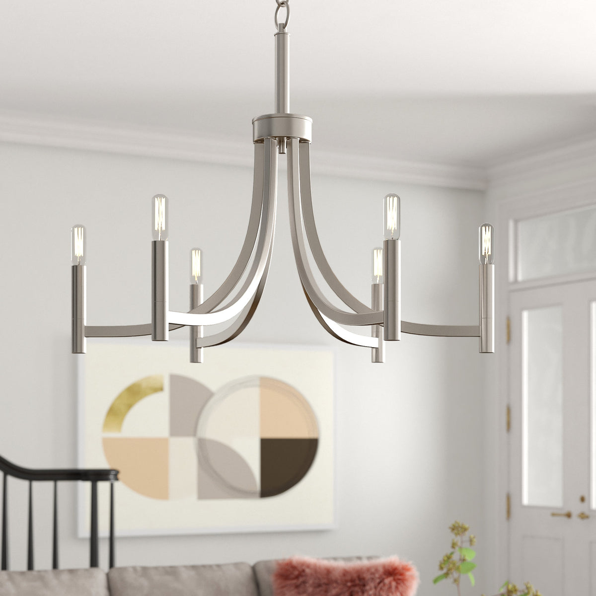 Chandelier, 9-Light Candle Style, Satin Nickel Metal