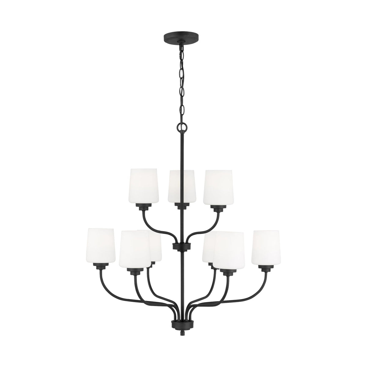 Chandelier, 9-Light Metal with White Frosted Glass Shades in Midnight Black